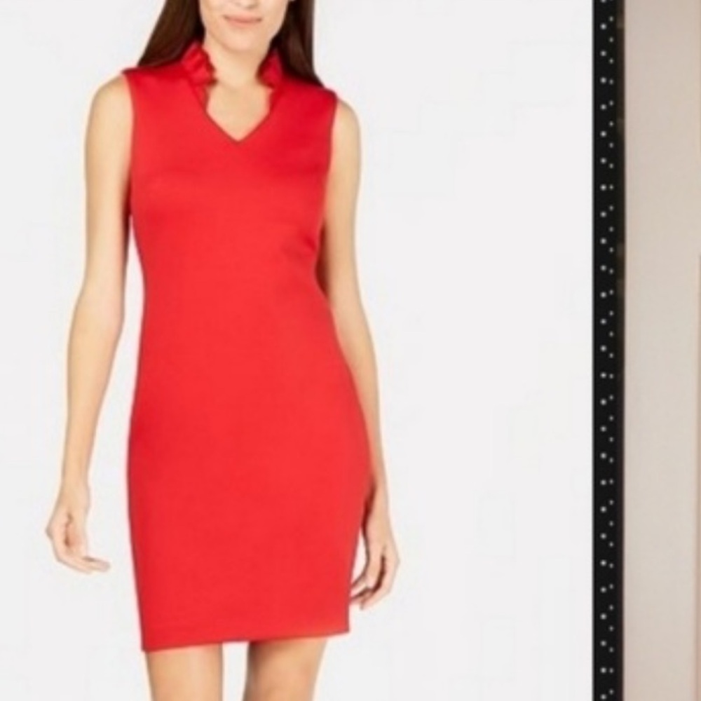 EUC Calvin Klein Size 10 Red Sheath Mini Dress Ruffle V-Neck Sleeveless